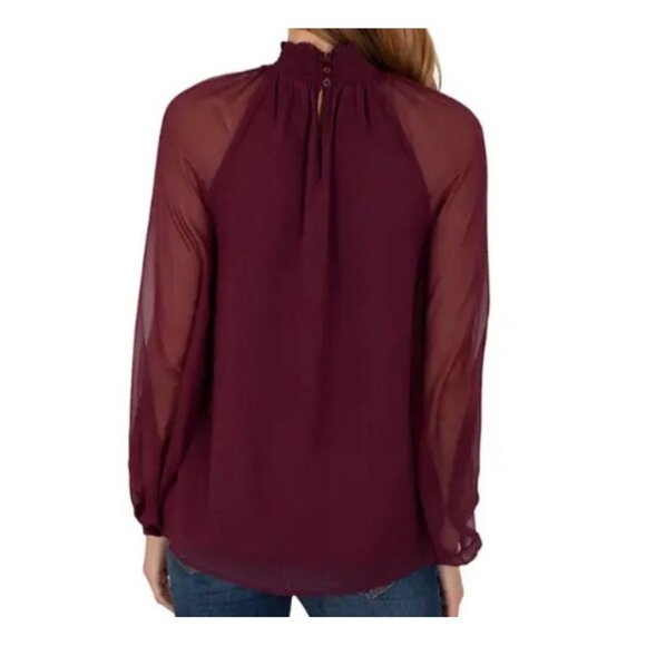 $278 Joie Deep‎ Wine Balloon Long Sleeve Smocked Neck Blouse Sz XXL Boho Chiffon - Picture 2 of 12